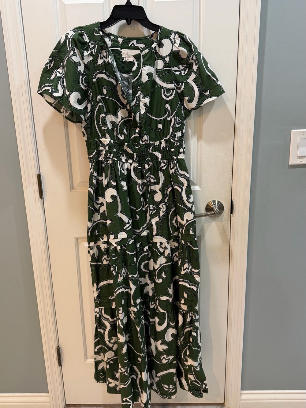 Anthropologie Somerset Dark Green and White Printed Tiered Maxi Dress Size S